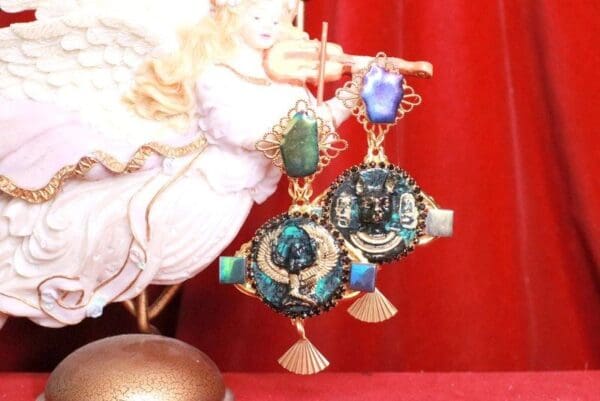 SOLD! 8078 Egyptian Revival Carved Bastet Iridescent Massive Earrings - Image 6