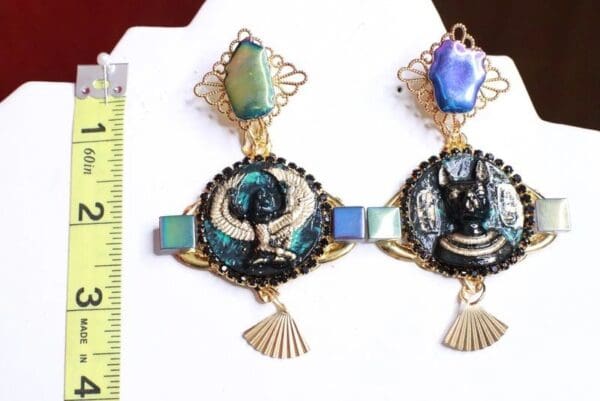 SOLD! 8078 Egyptian Revival Carved Bastet Iridescent Massive Earrings - Image 7