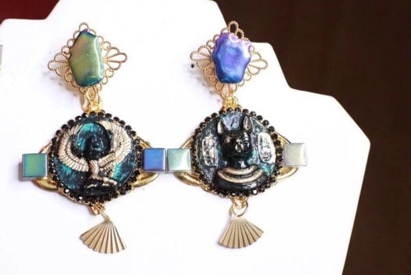 SOLD! 8078 Egyptian Revival Carved Bastet Iridescent Massive Earrings