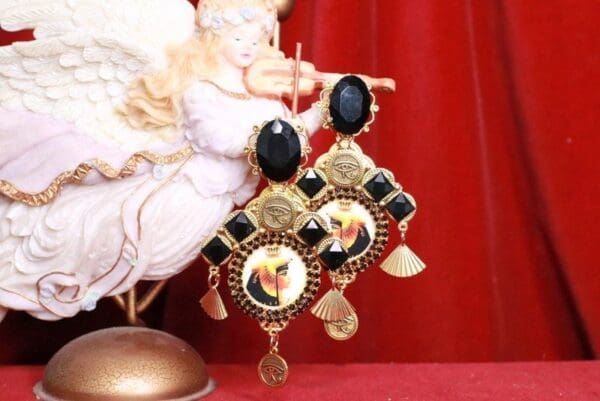 SOLD~ 8079 Egyptian Revival Cleopatra Black Rhinestone Cameo Massive Earrings - Image 5