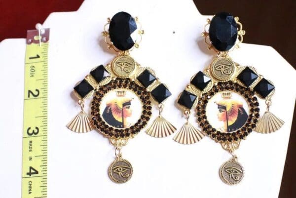 SOLD~ 8079 Egyptian Revival Cleopatra Black Rhinestone Cameo Massive Earrings - Image 6