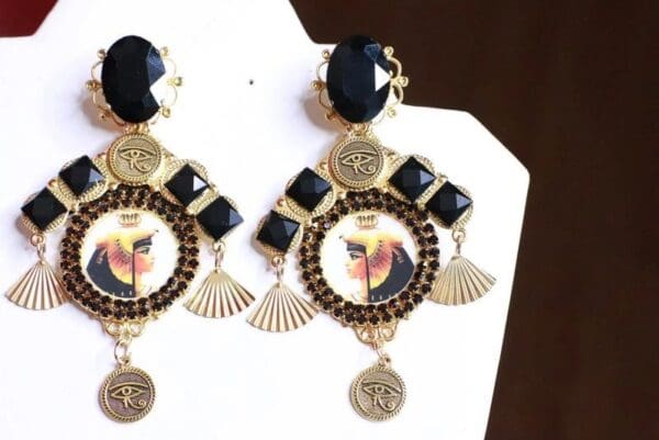 SOLD~ 8079 Egyptian Revival Cleopatra Black Rhinestone Cameo Massive Earrings - Image 7
