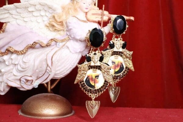 SOLD! 8080 Egyptian Revival Cleopatra Black Rhinestone Cameo Massive Earrings