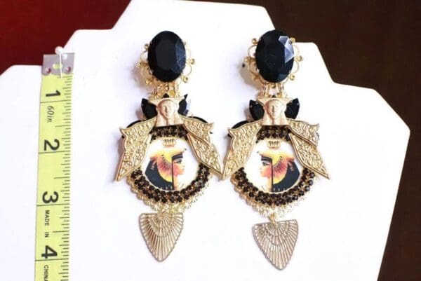 SOLD! 8080 Egyptian Revival Cleopatra Black Rhinestone Cameo Massive Earrings - Image 5
