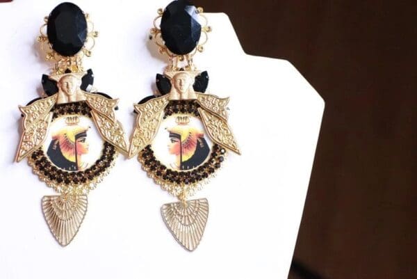 SOLD! 8080 Egyptian Revival Cleopatra Black Rhinestone Cameo Massive Earrings - Image 6