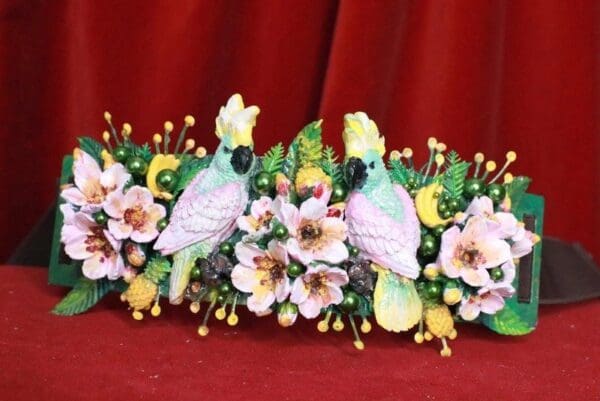 SOLD! 8081 Art Nouveau Hand Painted Pearlish Parrots Tropical Dona Anna Flowers Embellished Waist Gold Belt Size S, L, M - Image 3