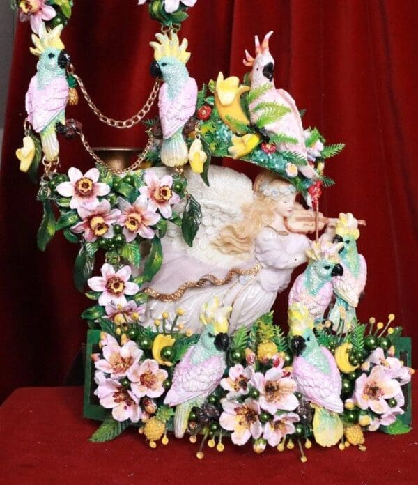 SOLD! 8081 Art Nouveau Hand Painted Pearlish Parrots Tropical Dona Anna Flowers Embellished Waist Gold Belt Size S, L, M - Image 2