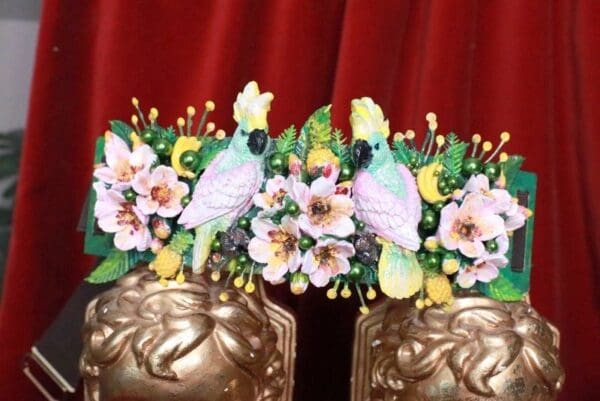 SOLD! 8081 Art Nouveau Hand Painted Pearlish Parrots Tropical Dona Anna Flowers Embellished Waist Gold Belt Size S, L, M - Image 7