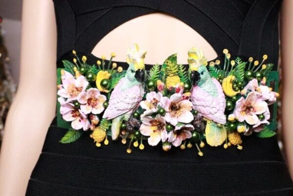 SOLD! 8081 Art Nouveau Hand Painted Pearlish Parrots Tropical Dona Anna Flowers Embellished Waist Gold Belt Size S, L, M - Image 4