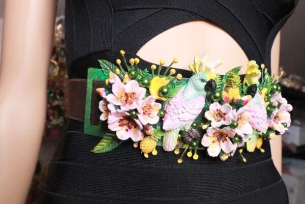 SOLD! 8081 Art Nouveau Hand Painted Pearlish Parrots Tropical Dona Anna Flowers Embellished Waist Gold Belt Size S, L, M - Image 9