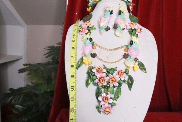 SOLD! 8082 Art Nouveau Pastel Parrots Dona Anna Cherry Blossom Flower Hand Painted Necklace - Image 2