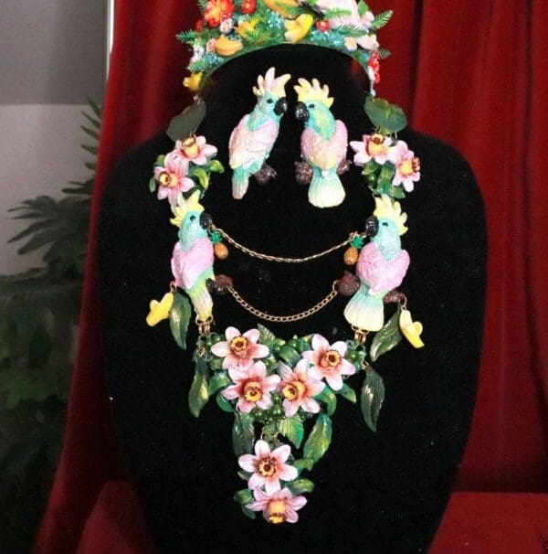 SOLD! 8082 Art Nouveau Pastel Parrots Dona Anna Cherry Blossom Flower Hand Painted Necklace - Image 5