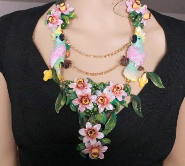 SOLD! 8082 Art Nouveau Pastel Parrots Dona Anna Cherry Blossom Flower Hand Painted Necklace - Image 3