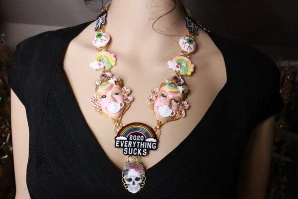 SOLD! 8086 Set Of Enamel Everything Sucks 2020 Unusual Necklace+ Earrings