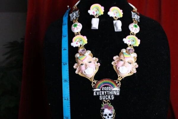 SOLD! 8086 Set Of Enamel Everything Sucks 2020 Unusual Necklace+ Earrings - Image 5
