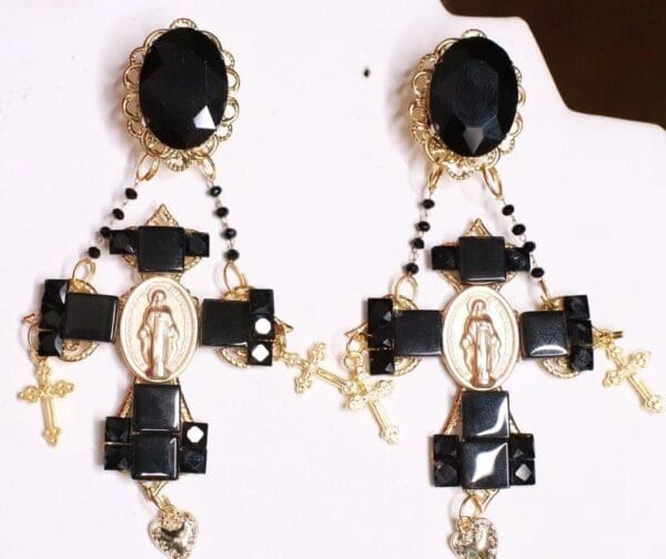 SOLD! 8097 Baroque Black Cross Rhinestones Virgin Mary Coin Studs Dangle Earrings - Image 3