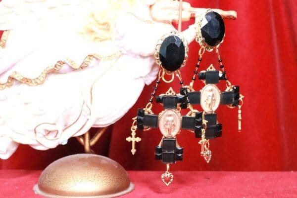 SOLD! 8097 Baroque Black Cross Rhinestones Virgin Mary Coin Studs Dangle Earrings