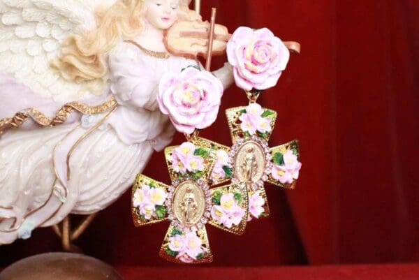 SOLD! 8115 Baroque Virgin Mary Coin Flowers Cross Earrings - Image 2
