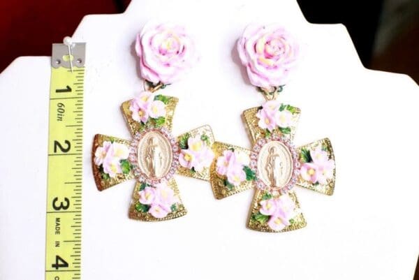 SOLD! 8115 Baroque Virgin Mary Coin Flowers Cross Earrings - Image 3