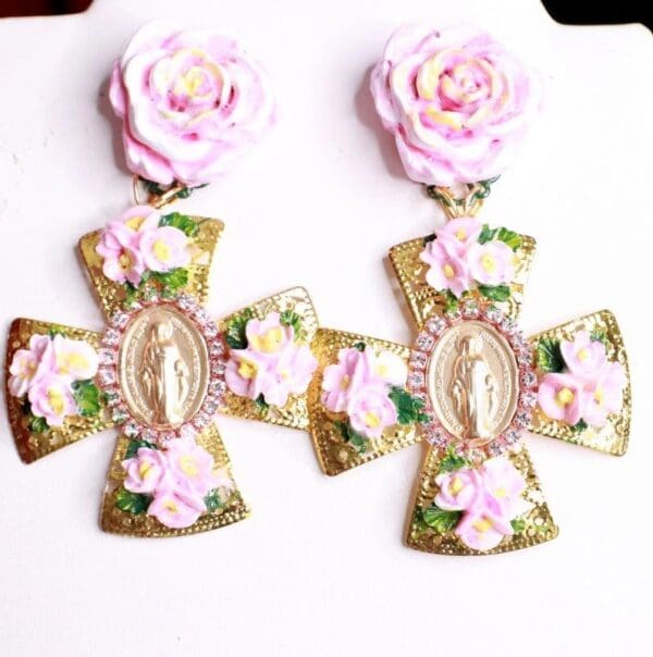 SOLD! 8115 Baroque Virgin Mary Coin Flowers Cross Earrings