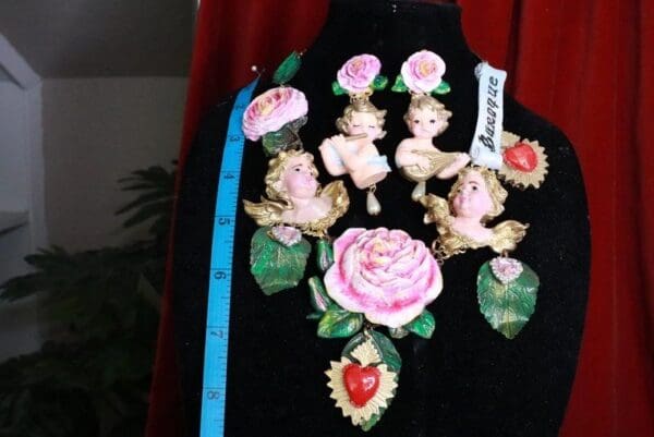 SOLD! 8120 Runway Banner Chubby Vivid Hand Painted Cherubs Roses Sacred Hearts Statement Necklace - Image 2