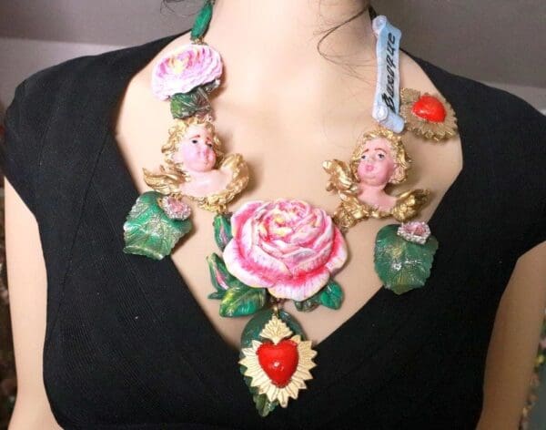 SOLD! 8120 Runway Banner Chubby Vivid Hand Painted Cherubs Roses Sacred Hearts Statement Necklace - Image 9