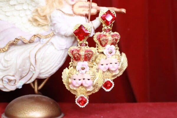 SOLD! 8121 Baroque Cherubs Angels Crown Long Earrings - Image 2