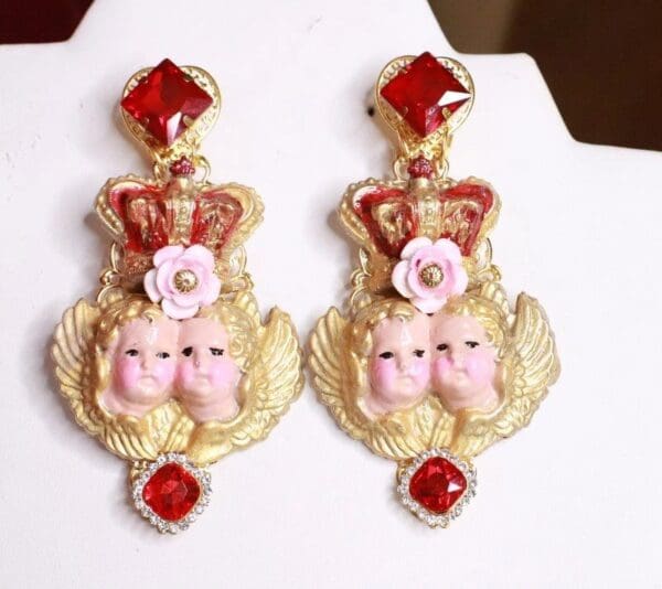 SOLD! 8121 Baroque Cherubs Angels Crown Long Earrings - Image 4
