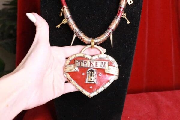 SOLD! 8124 Baroque Massive Metal TAKEN Heart Statement Necklace - Image 3