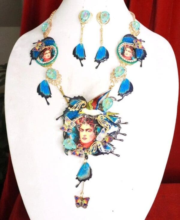 SOLD! 8125 Set Of Frida Kahlo Butterfly Bird Necklace+ Earrings - Image 2