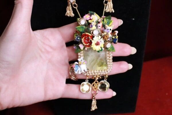 SOLD! 8133 Genuine Prehnite Citrine Opal Pearl Enamel Cats Dogs Massive Pendant Necklace - Image 3