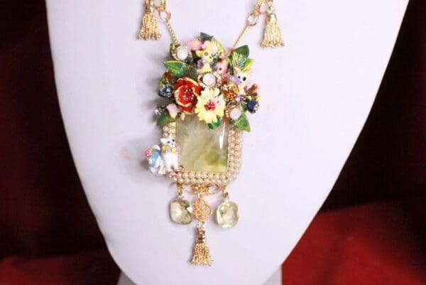 SOLD! 8133 Genuine Prehnite Citrine Opal Pearl Enamel Cats Dogs Massive Pendant Necklace - Image 4
