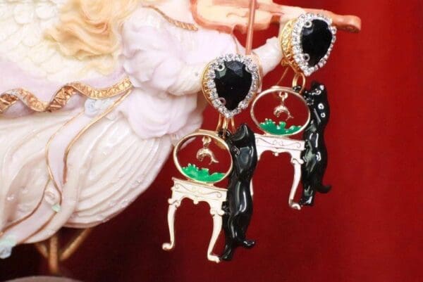 SOLD! 8137 Unusual Baroque Enamel Victoran Cat Fish Earrings
