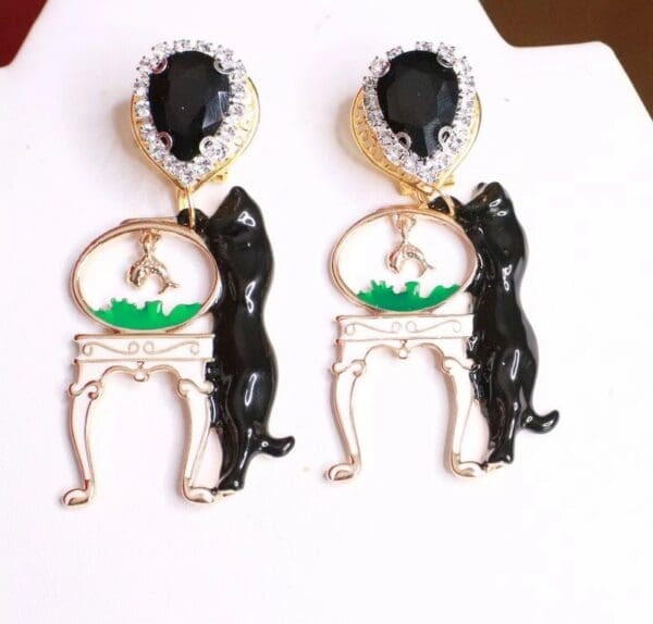 SOLD! 8137 Unusual Baroque Enamel Victoran Cat Fish Earrings - Image 4