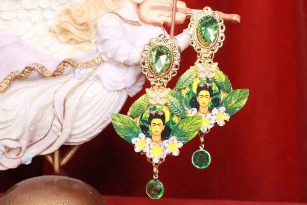 SOLD! 8139 Frida Kahlo Green Leaf Studs Earrings - Image 3
