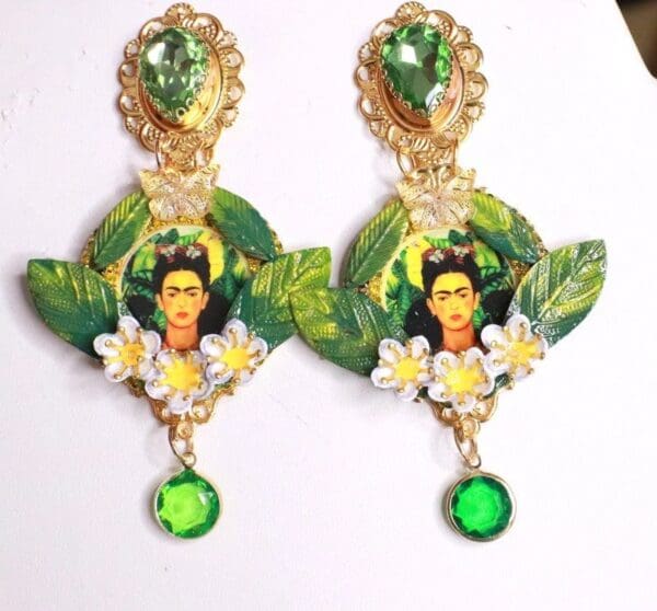 SOLD! 8139 Frida Kahlo Green Leaf Studs Earrings