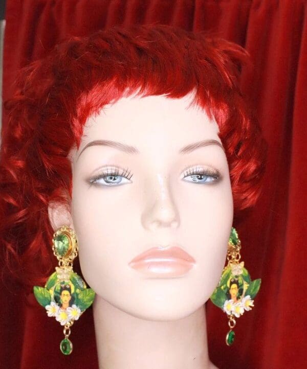 SOLD! 8139 Frida Kahlo Green Leaf Studs Earrings - Image 6