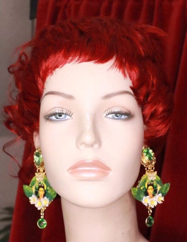 SOLD! 8139 Frida Kahlo Green Leaf Studs Earrings - Image 7