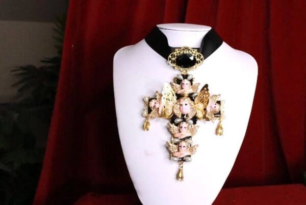 SOLD! 8142 Total Baroque Huge Cherubs Angels Black Cross Choker - Image 2