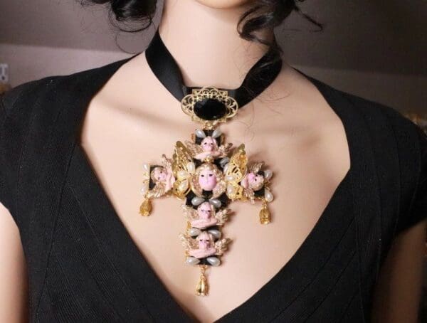 SOLD! 8142 Total Baroque Huge Cherubs Angels Black Cross Choker