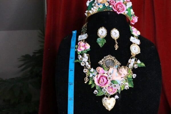 SOLD! 8142 Set Of Hand Painted Cherub Watch Fife Lily Of The Valley 3D Effect Statement Necklace+ Earrings - Image 8