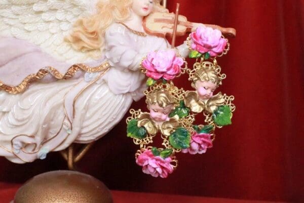 SOLD! 8143 Baroque Sleeping Cherubs Hand Painted Roses Earrings - Image 3