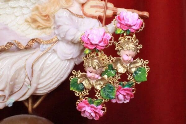 SOLD! 8143 Baroque Sleeping Cherubs Hand Painted Roses Earrings