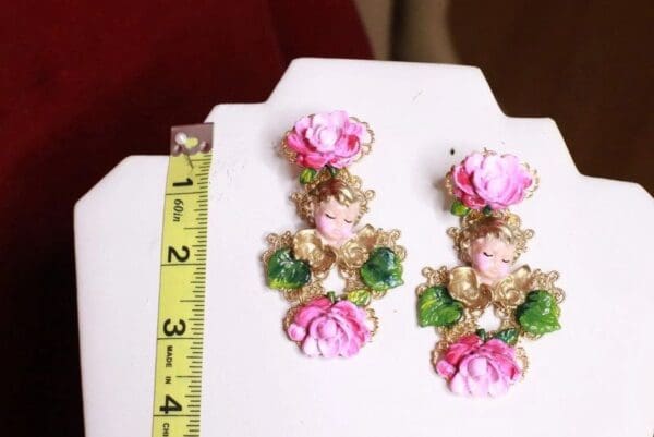 SOLD! 8143 Baroque Sleeping Cherubs Hand Painted Roses Earrings - Image 6