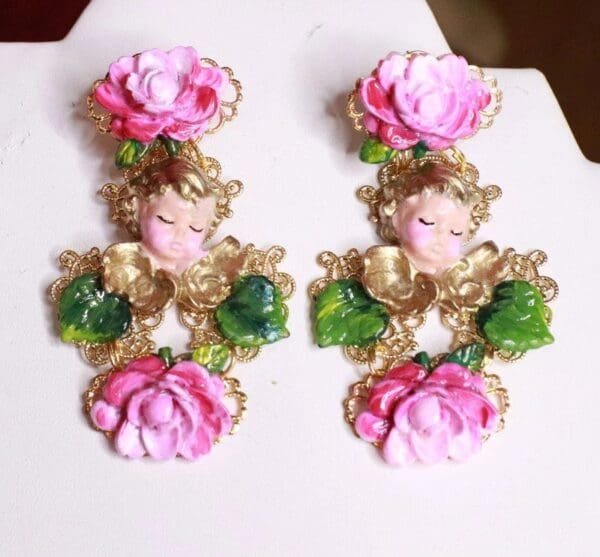 SOLD! 8143 Baroque Sleeping Cherubs Hand Painted Roses Earrings - Image 2