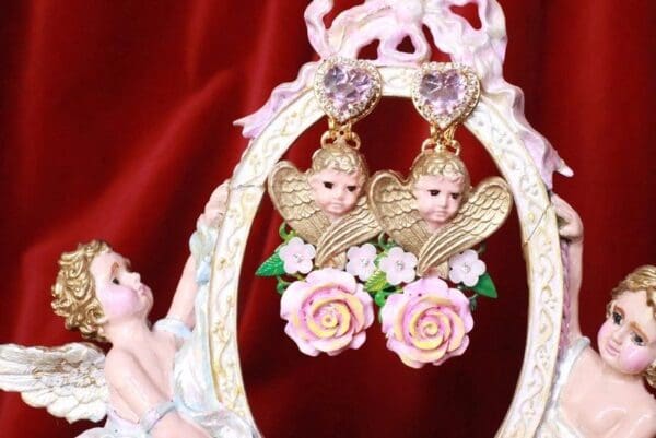SOLD! 8155 Baroque Sleeping Winged Cherubs Hand Painted Roses Earrings - Image 2