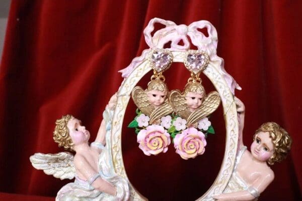 SOLD! 8155 Baroque Sleeping Winged Cherubs Hand Painted Roses Earrings - Image 4
