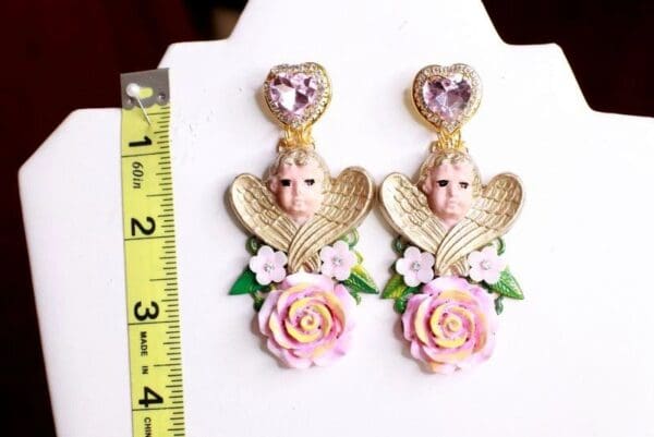 SOLD! 8155 Baroque Sleeping Winged Cherubs Hand Painted Roses Earrings - Image 8