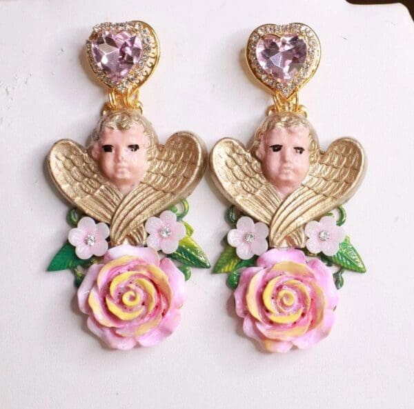 SOLD! 8155 Baroque Sleeping Winged Cherubs Hand Painted Roses Earrings