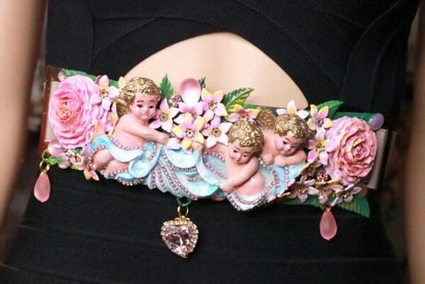 SOLD! 8156 Baroque Vintage Hand Painted Cherubs Angels Embellished Waist Gold Belt Size S, L, M - Image 3